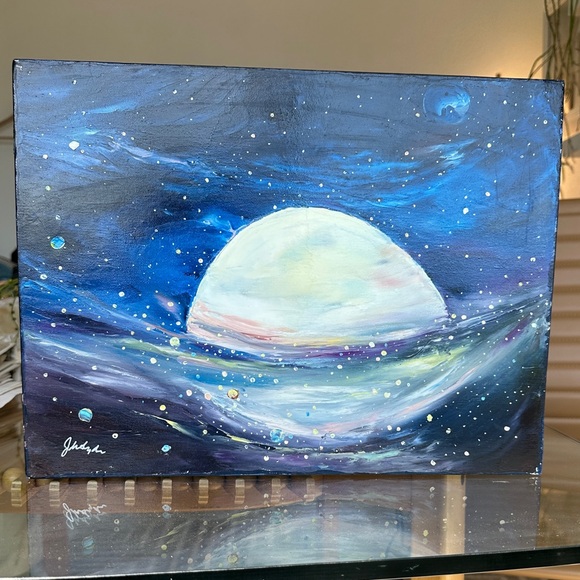 Original Art! Blue and White Moonlit Space Galaxy Canvas Art - Picture 1 of 6